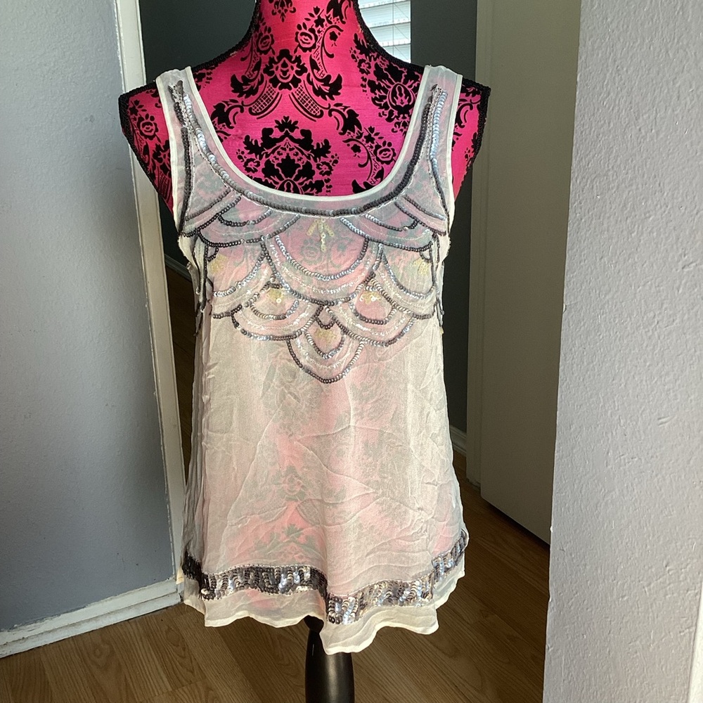 NWOT Michael Stars Sequin Embellished Cream 100% Silk Tank Top S